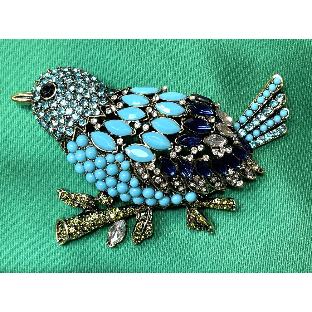 NWOT HUGE Blue Bird Rhinestone Brooch Lapel Pin Turquoise Crystal
